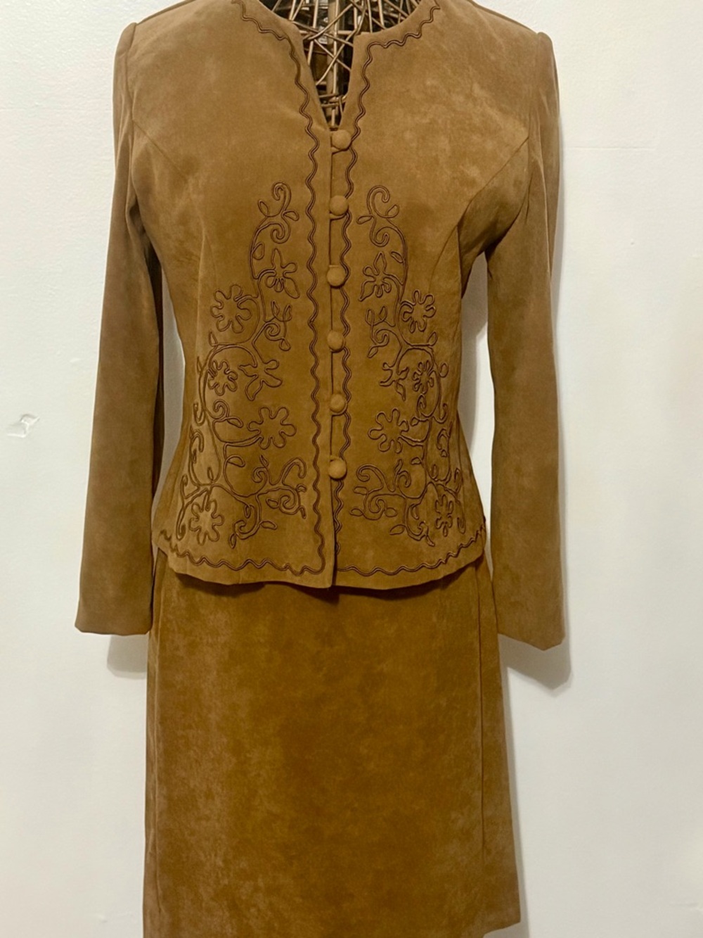 karin stevens Two-Piece Suede-Look Set in Camel Brown